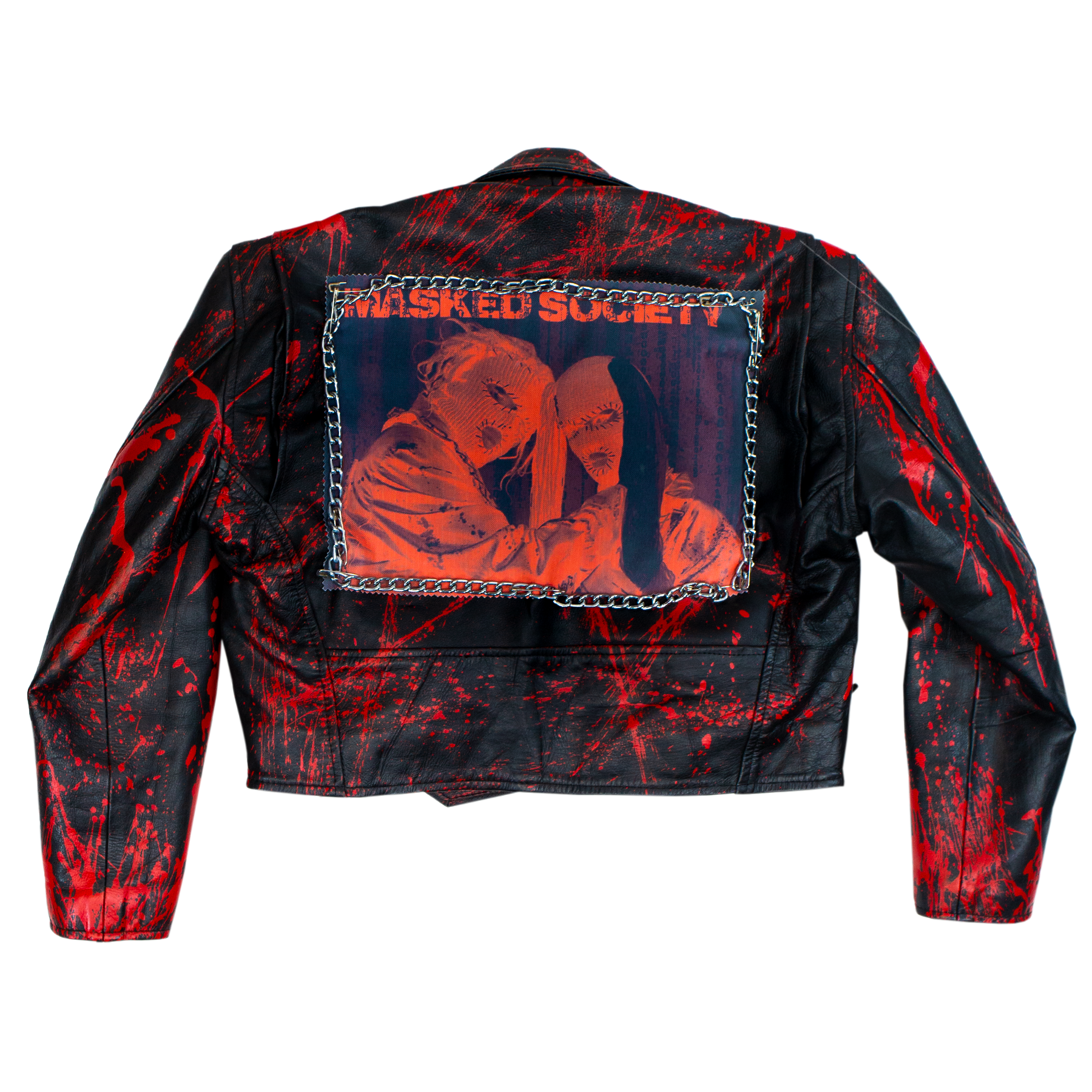 Black leather jacket with red splatter design and 'Masked Society' patch on a white background